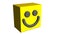 3D Smiley Box Character isolated in white background. 3D Rendering Cube Emoji Smiling with a big smile.