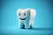 3D smiling molar illustration over blue background.