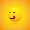 3D Smiling, Mounth Licking Face, View from Side - Simple Happy Emoticon on Yellow Background - Vector Design