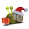 3d Snail dressed as Santa carrying a Christmas gift