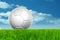 3D soccer ball in fresh green summer or spring field grass with a blue sky background