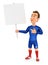 3d soccer player blue jersey holding blank sign board