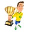 3d soccer player yellow jersey standing and holding trophy cup