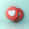 3d social media notification love like heart icons on red round sign pins isolated on light green blue pastel wall