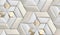 3D soft geometry tiles made from white leather with golden decor stripes and rhombus. High quality seamless realistic texture.