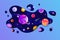 3D space banner with fluid abstract shape cut out and glowing fantasy planet spheres