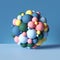 3d sphere combined of mixed colorful balls, geometric shapes isolated on blue, abstract background, stack of toys, primitives