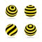 3D spherical shapes. Striped black and yellow design elements