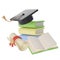 3D Stack of Books, Diploma scroll and university or college black cap graduate Icon. Render Education or Business
