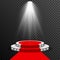 3D Stage podium illuminated scene spotlight party, award ceremony with red carpet. Transparent background