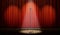 3d stage with red curtain and vintage microphone in spot light