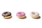 3D Strawberry Pink glazed donut, Chocolate glazed donut and Vanilla glazed donut with colorful sugar sprinkles and icing on top.
