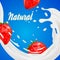 3d strawberry yogurt flavour ad promotion. milk splash with fruits isolated on blue. daily product crown.
