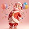 3D style AI-generated, santa claus having fun blowing balloons on Christmas day holiday.