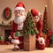 3D style AI-generated, santa claus having fun with gift box on Christmas day holiday.