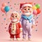 3D style AI-generated, two little Santa kids having fun blowing balloons on Christmas day holiday.