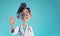 3D style cute cartoon character of a welcoming female doctor waving