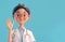 3D style cute cartoon character of a welcoming female doctor waving