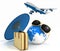 3d suitcase, airplane, globe and umbrella. Travel and vacation concept
