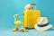 3d suitcase travel concept background flamingo sunglasses summer vacation yellow blue. Generative AI.