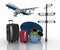 3d suitcases, airplane, globe and umbrella. Travel and vacation concept