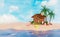 3d summer travel concept with wooden house, palm tree, lifebuoy, seaside, pineapple, yellow duck, crab, sunglasses, beach isolated
