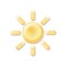 3D sun weather icon. Mobile element sunny travel summer logo. Sunscreen cream symbol spf button yellow rays glowing