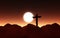 3D sunset landscape with Jesus on the cross