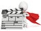 3D superhero with cinema clapperboard