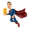 3d superhero flying and holding gold dollar sign