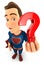 3d superhero holding a question mark icon