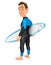 3d surfer holding surfboard with his back turned