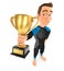 3d surfer standing and holding trophy cup