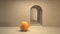 3d surreal render. Abstract modern minimal empty room scene with sand color archs and an orange ball