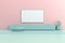 3d surreal render of tv screen and cabinet on pastel background. Mock up scene