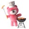 3d teddy bear with fluffy pink fur cooks sausages on a bbq barbecue, 3d illustration