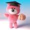 3d teddy bear with pink fluffy fur wearing a mortar board and holding a human brain, 3d illustration