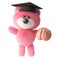 3d teddy bear with pink fur wearing a graduate mortar board and holding a human brain, 3d illustration