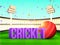 3D text cricket with cricket ball on daylight stadium background.