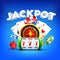 3D text Jackpot with roulette wheel, slot machine, playing card and casino chip on blue background.