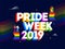 3D text of Pride Week 2019 with gay and lesbian couples on blue background.