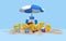 3D Text Summer on Beach Island With Beach Umbrella, Sun Glass, Flip-Flops, Ball, Ring Floating For Background Banner or Wallpaper