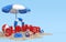 3D Text Summer on Beach Island With Beach Umbrella, Sun Glass, Flip-Flops, Ball, Ring Floating For Background Banner or Wallpaper