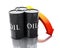 3d Three barrels of oil spilled with an arrow pointing down.