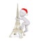 3d toon in Santa hat climbing Eiffel tower model