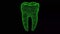 3D tooth rotates on black bg. Object dissolved flickering particles. Scientific medical concept. For title, text