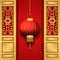 3d traditional red lantern with door gate for chinese new year greeting card concept illustration