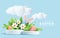 3D trendy Easter greeting with 3d product podium, spring flower, cloud, Easter egg and bunny. Spring floral Modern 3d