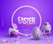 3d trendy Easter party sale promo banner frame background vector illustration with cute decorative eggs, confetti and string light
