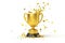 3D Trophy cup with confetti. Gold winner prize. Champion reward. First place